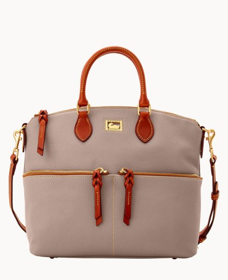 Dooney Dillen Double Pocket Satchel Taupe ID-3CucfGog - Click Image to Close