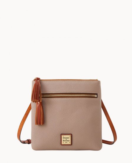 Dooney Pebble Grain Double Zip Tassel Crossbody Taupe ID-DTpmSsqf - Click Image to Close