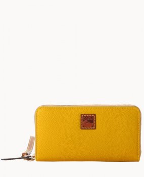 Dooney Pebble Grain Large Zip Around Wristlet Mustard ID-a5UB75AB