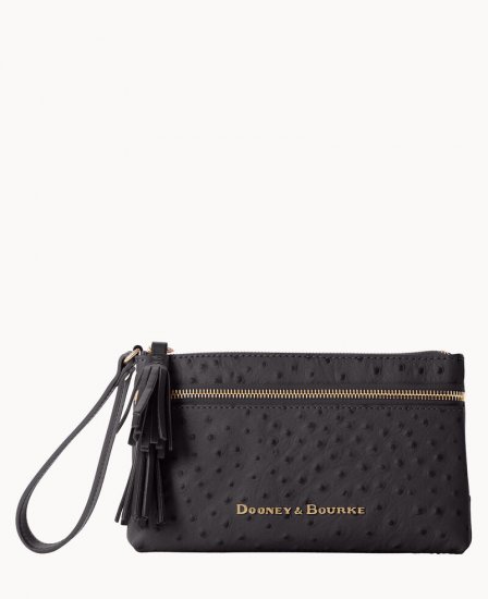 Dooney Ostrich Double Zip Wristlet Black Black ID-2sB16icf - Click Image to Close