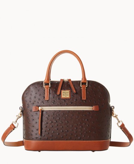 Dooney Ostrich Domed Zip Satchel Brown Tmoro ID-lnjdEdkH - Click Image to Close