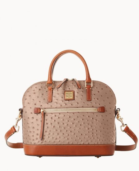 Dooney Ostrich Domed Zip Satchel Light Taupe ID-61lf1sfZ - Click Image to Close